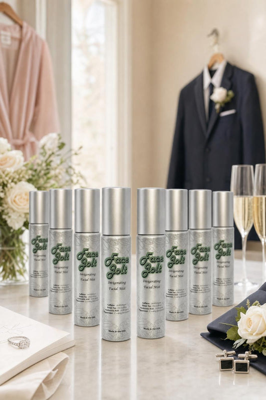 Face Jolt wedding party gift set — eight caffeine facial mist bottles with bridesmaid robe and groomsmen tuxedo, bridal party and groomsmen gift idea