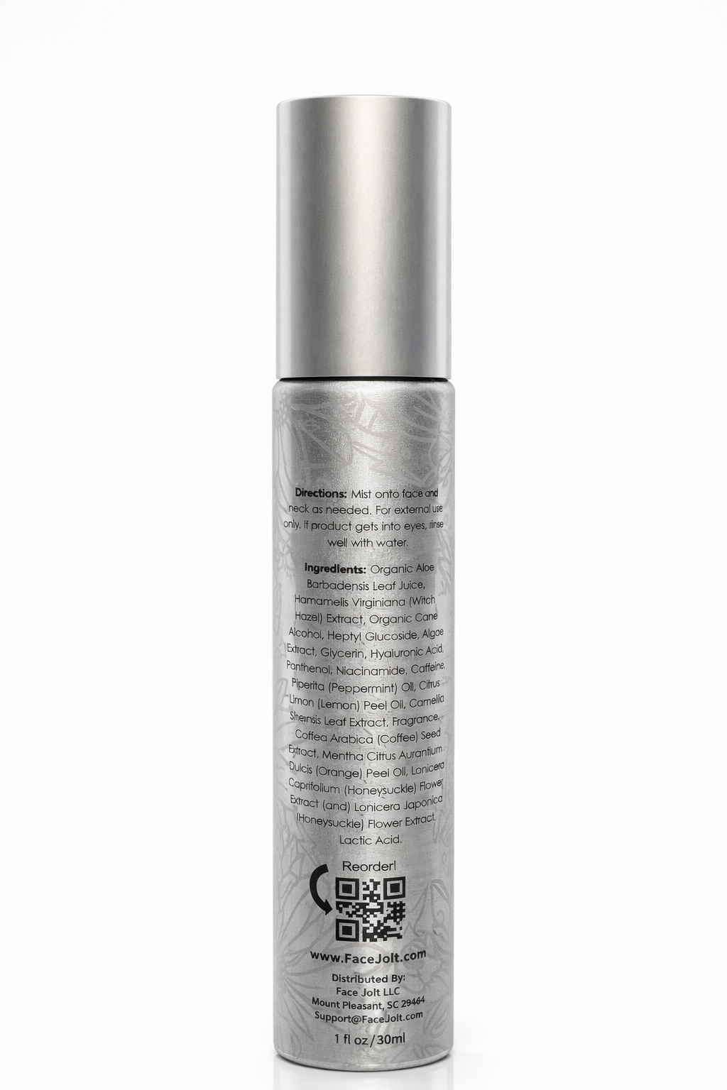 Silver skincare bottle with text on a white background