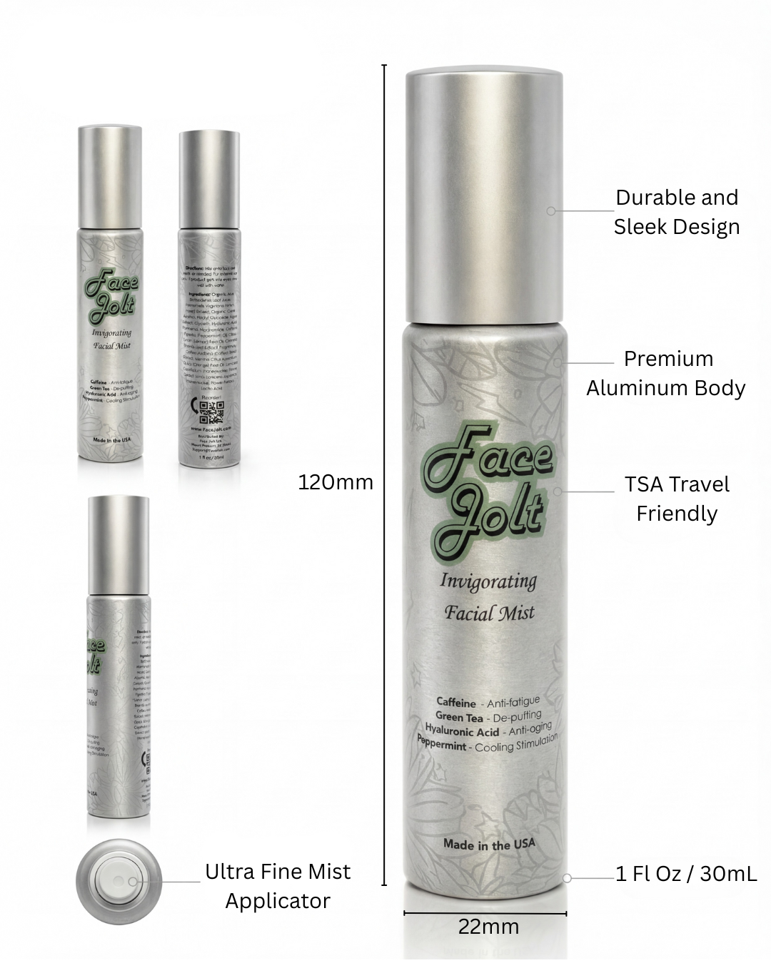 Facial mist product with labeled features on a white background