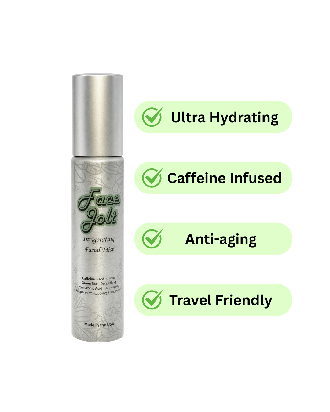 Facial mist bottle with text highlighting features on a white background
