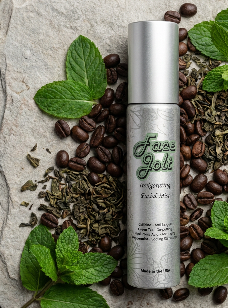 Facial mist bottle labeled 'Face Jolt' surrounded by coffee beans and mint leaves on a stone surface.