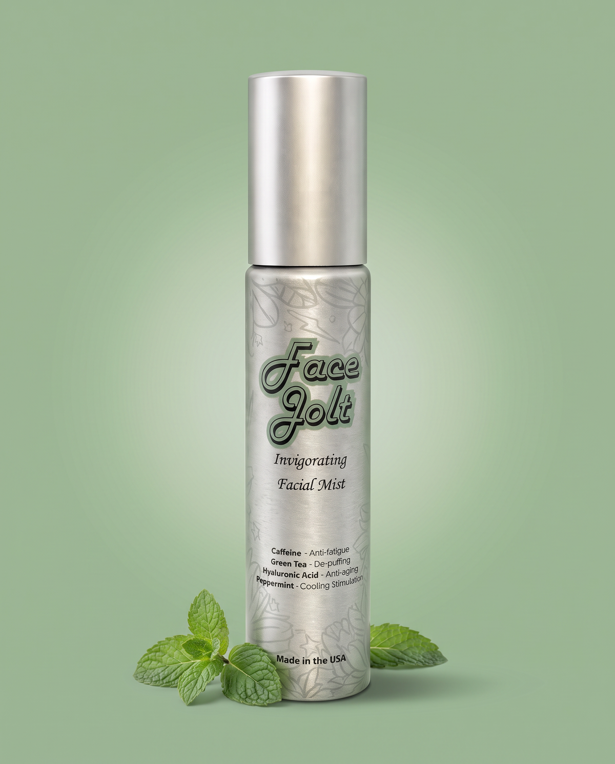 Face Jolt Invigorating Facial Mist bottle with fresh mint leaves on a sage green background