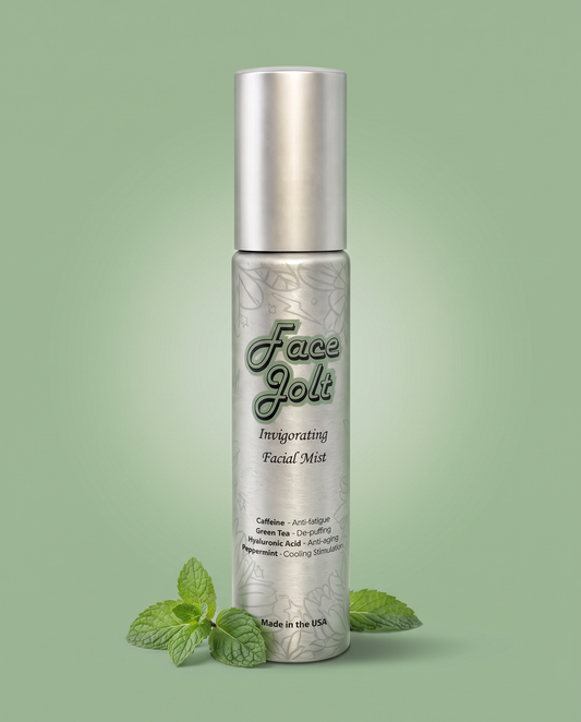 Face Jolt Invigorating Facial Mist bottle with fresh mint leaves on a sage green background