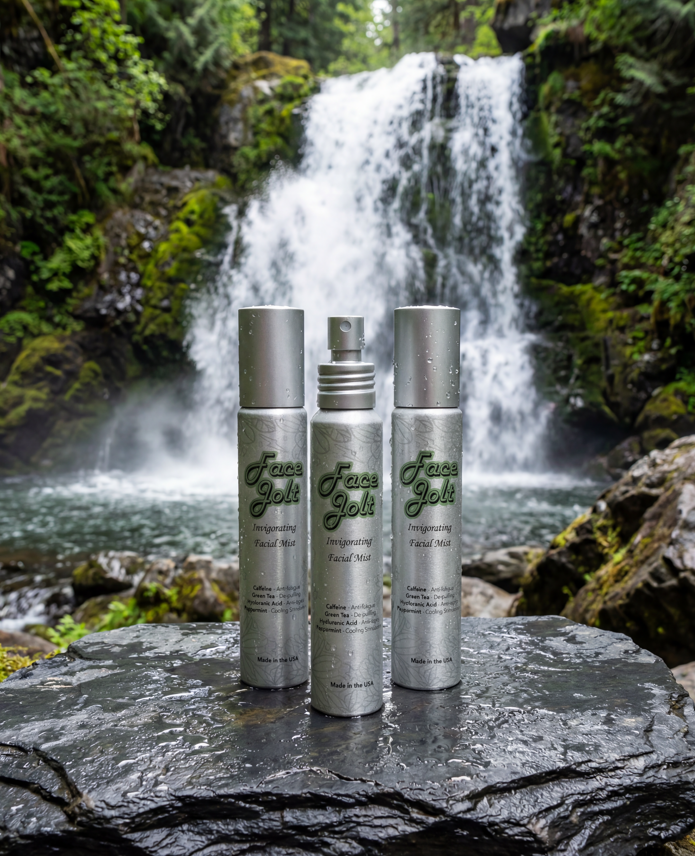 Three Face Jolt invigorating facial mist bottles — one for your bag, one for your desk, one for travel